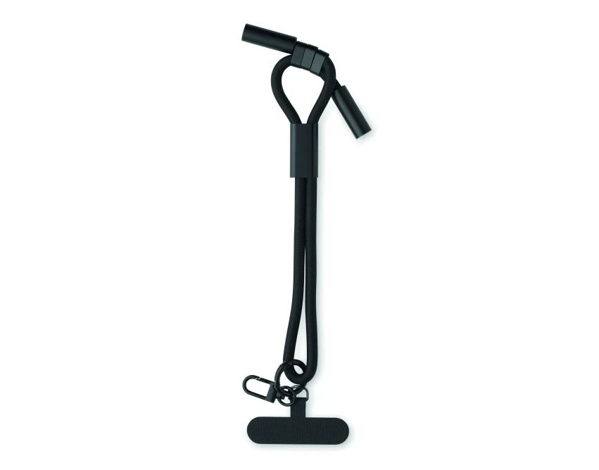 Czarna smycz RPET 60W USB-C z klipsem i logo firmy