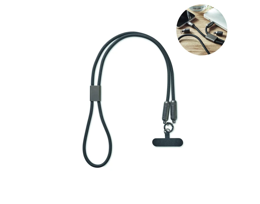 Czarna smycz RPET z kablem USB-C 60W i logo firmy