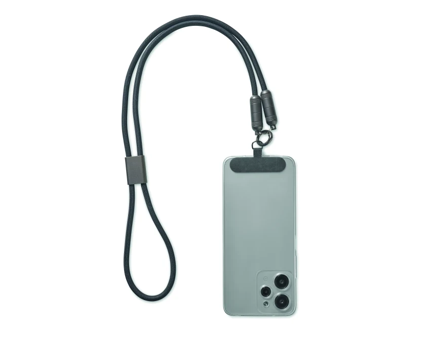 Czarna smycz RPET z kablem USB-C 60W i logo firmy