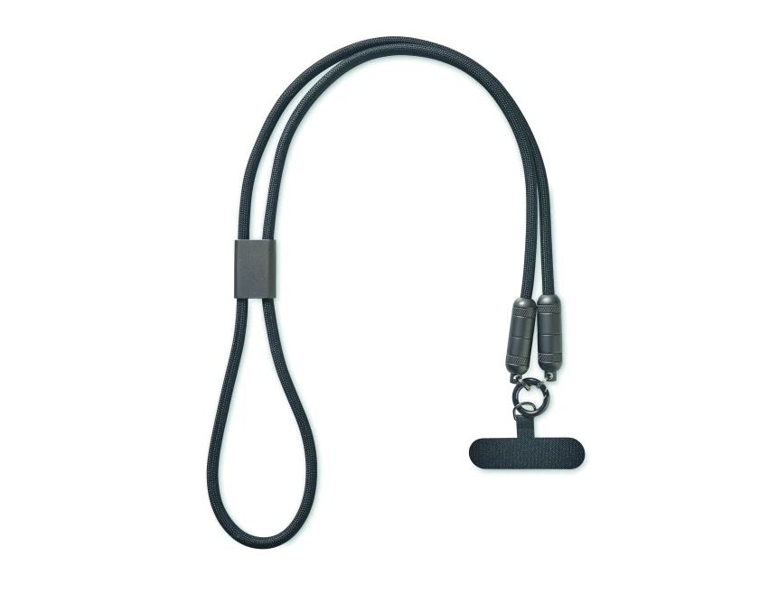 Czarna smycz RPET z kablem USB-C 60W i logo firmy