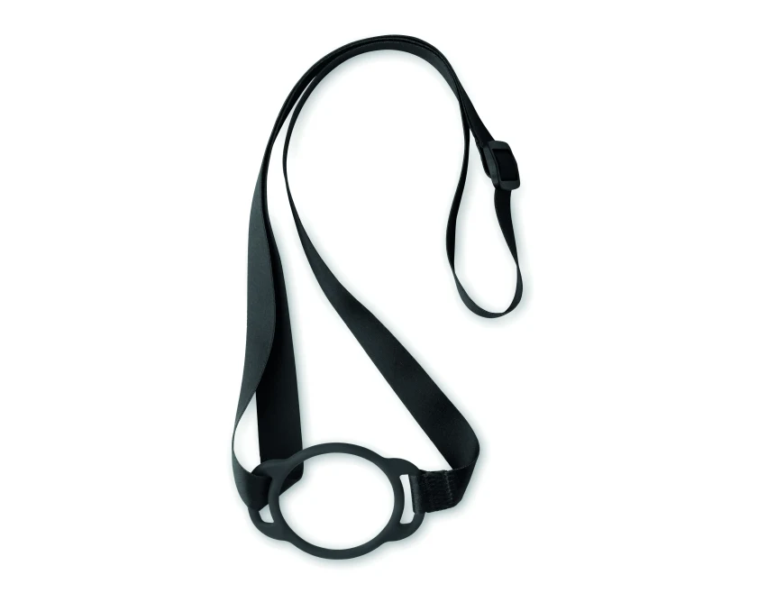 Czarna smycz z uchwytem na kubek 6 cm i miejscem na logo