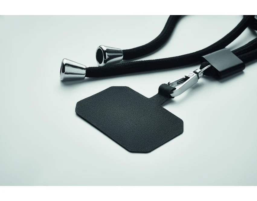 Czarna smycz do telefonu RPET Nonette z metalowym karabińczykiem