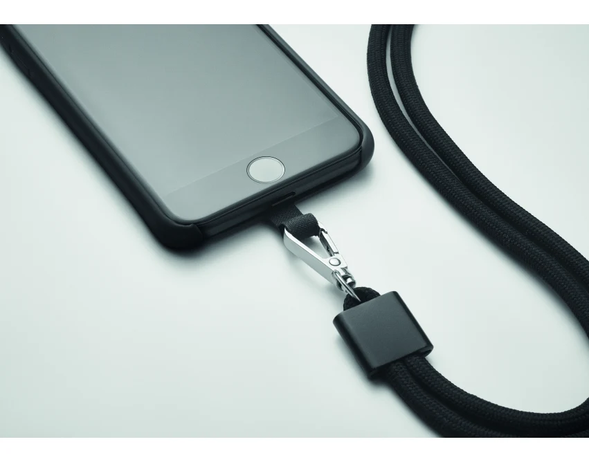 Czarna smycz do telefonu RPET Nonette z metalowym karabińczykiem