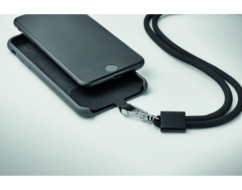Czarna smycz do telefonu RPET Nonette z metalowym karabińczykiem