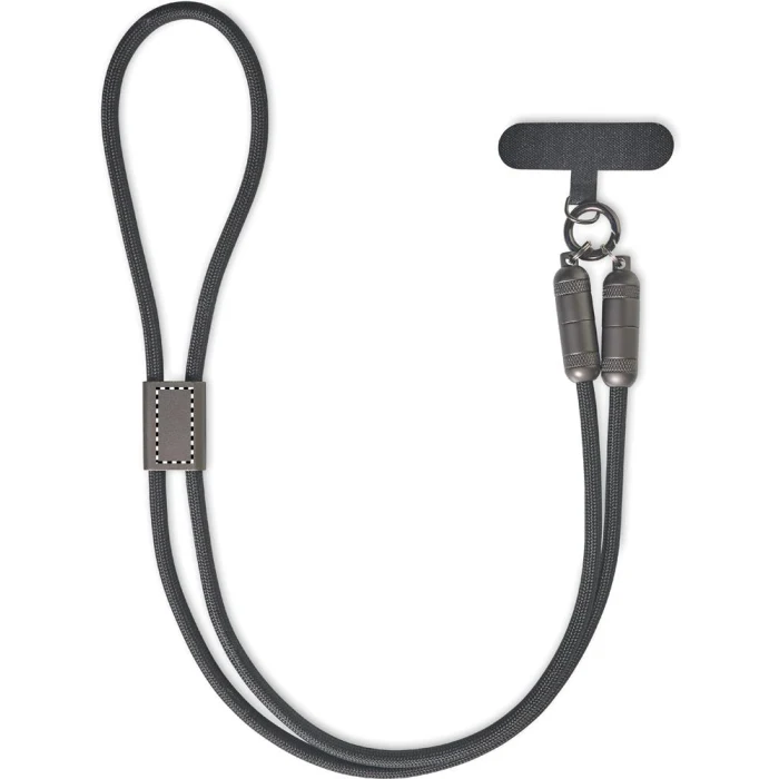 Schemat znakowania dla Tampondruk - P4 na gadżecie: Czarna smycz RPET z kablem USB-C 60W i logo firmy