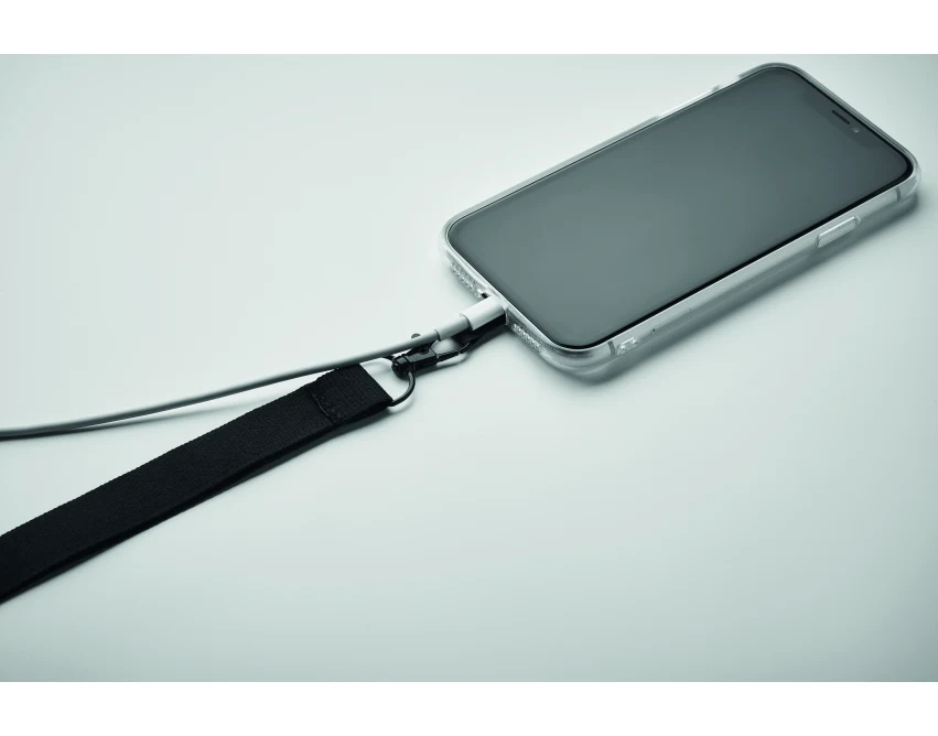 Czarna smycz Ameste do telefonu z klamrą i logo firmy