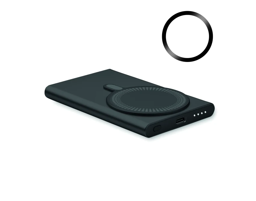 Czarna ładowarka magnetyczna 15W + powerbank 5000 mAh z logo