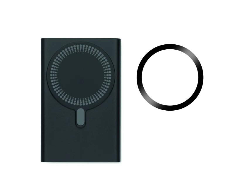 Czarna ładowarka magnetyczna 15W + powerbank 5000 mAh z logo