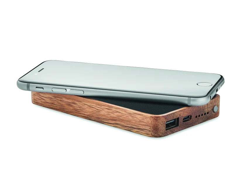 Powerbank eko 4000 mAh drewno akacjowe Qi 15 W USB-C Czarny