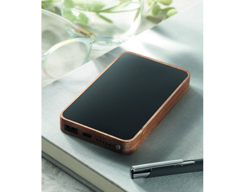 Powerbank eko 4000 mAh drewno akacjowe Qi 15 W USB-C Czarny