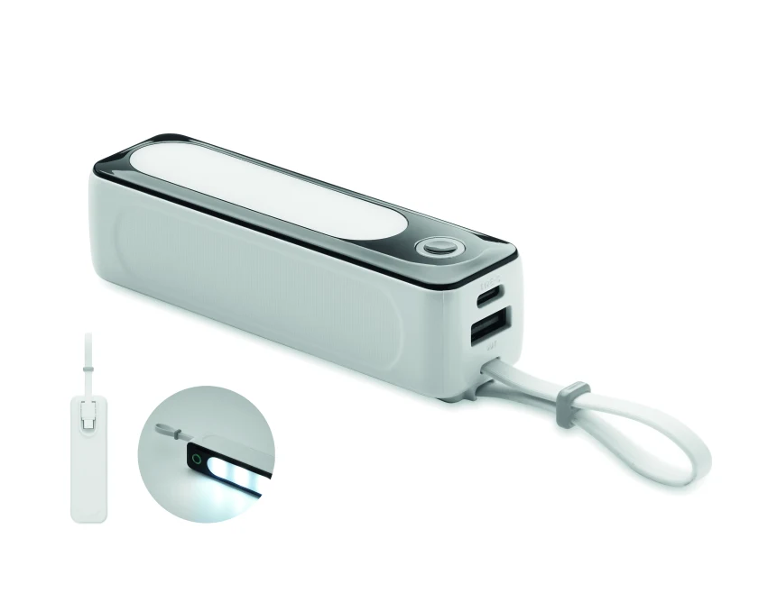 Biały powerbank 5000mAh z kablem USB-C i logo firmy
