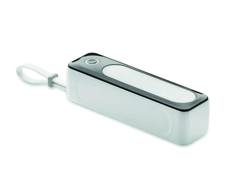 Biały powerbank 5000mAh z kablem USB-C i logo firmy