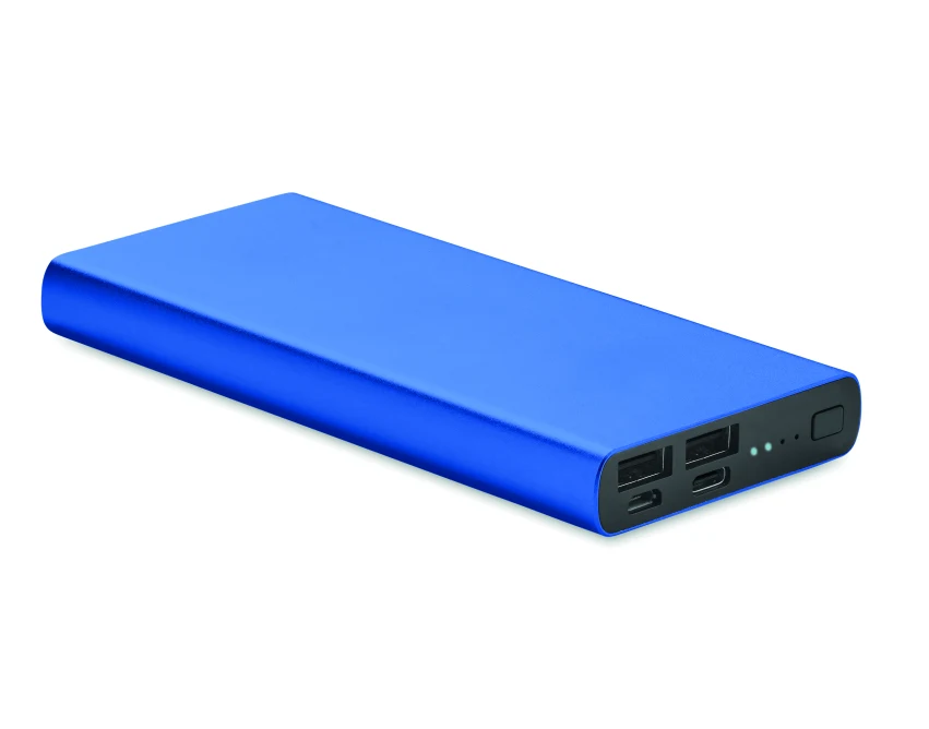 Power bank 10000 mAh niebieski z logo, aluminium z recyklingu