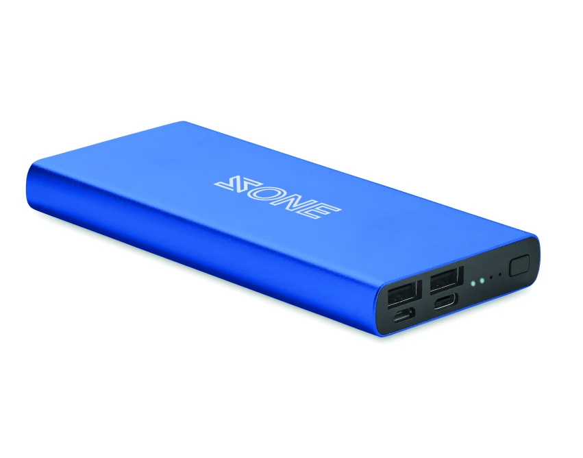 Power bank 10000 mAh niebieski z logo, aluminium z recyklingu