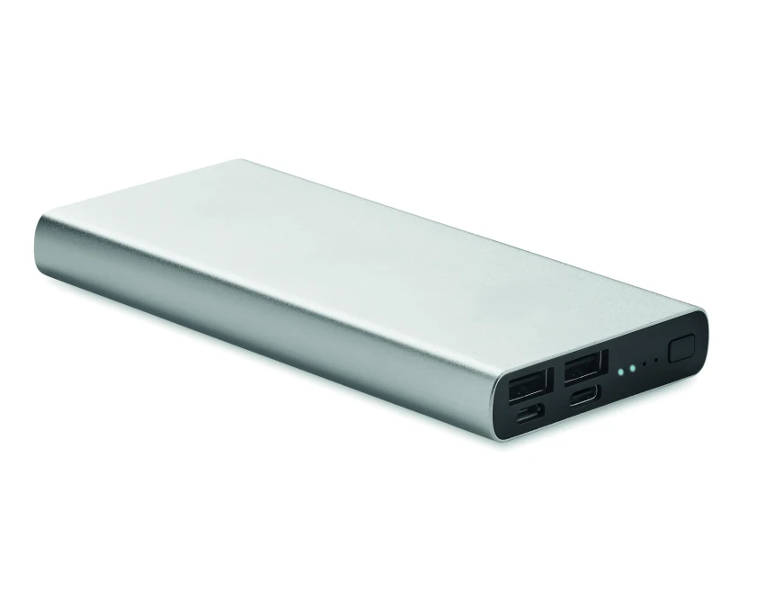 Power bank 10000 mAh srebrny mat z logo – aluminium, USB-C