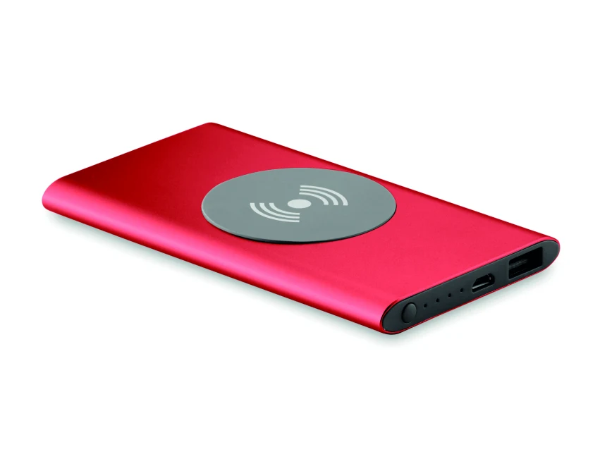 Czerwony power bank 4000 mAh z logo – aluminium, bezprzewodowy