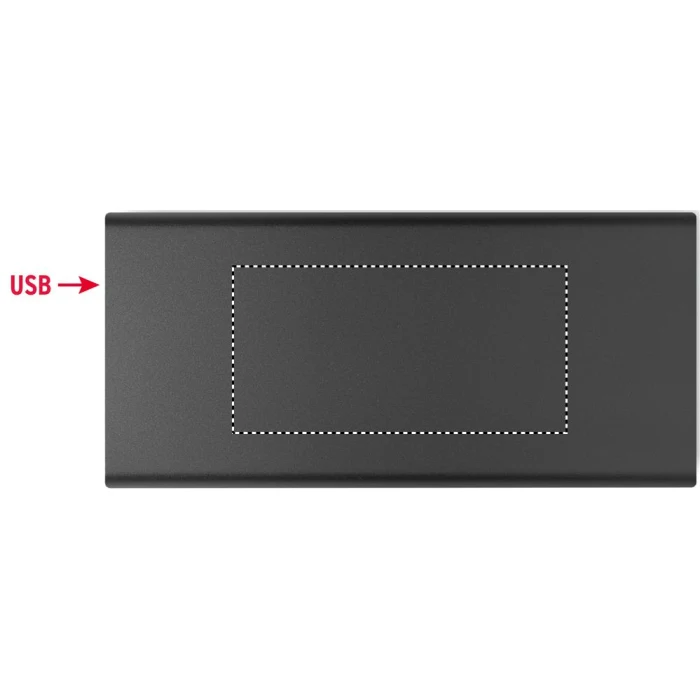 Schemat znakowania dla Tampondruk - P5 na gadżecie: Power bank 10000mAh czarny z recyklingu z logo USB-C PD 18W