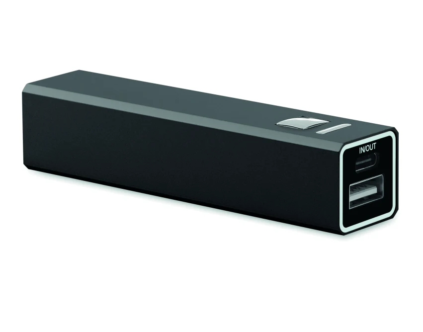 Czarny power bank 2600 mAh z logo z recyklingowanego aluminium