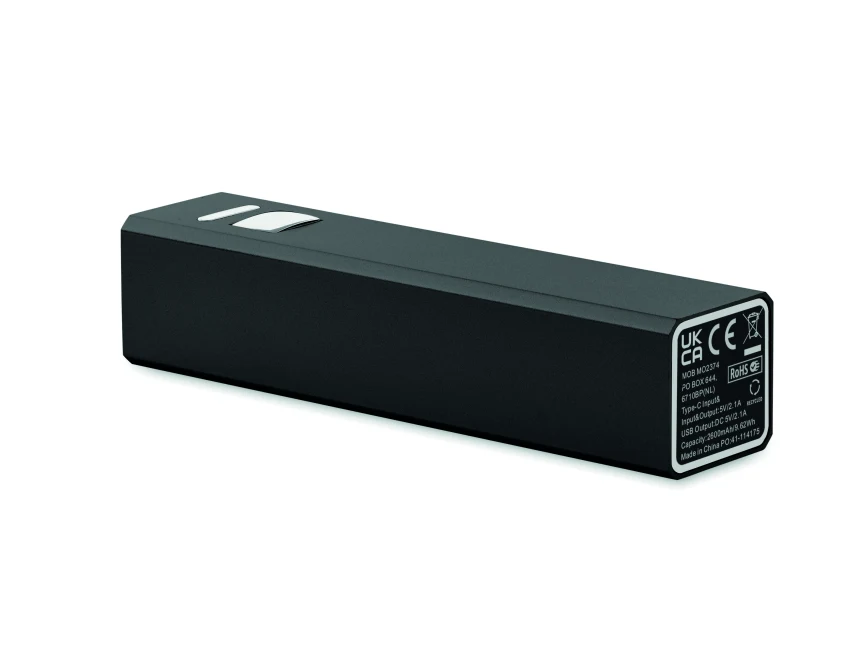Czarny power bank 2600 mAh z logo z recyklingowanego aluminium