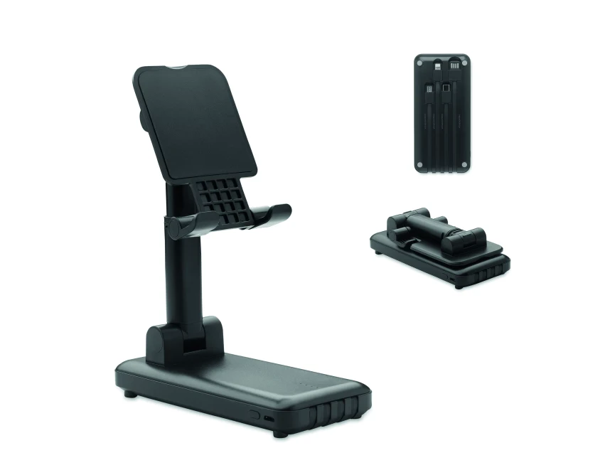 Czarny power bank 10000 mAh ABS z kablem i podstawką