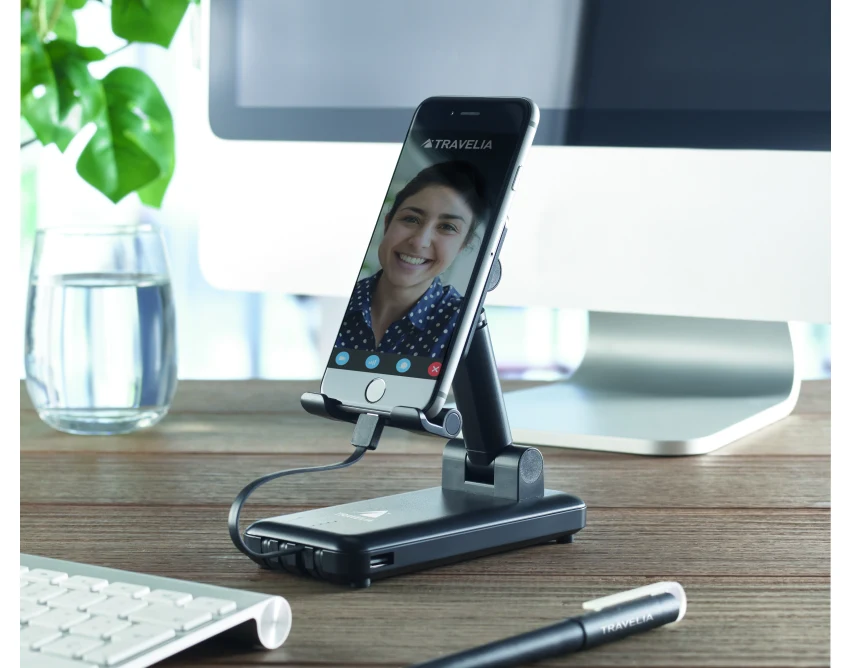 Czarny power bank 10000 mAh ABS z kablem i podstawką