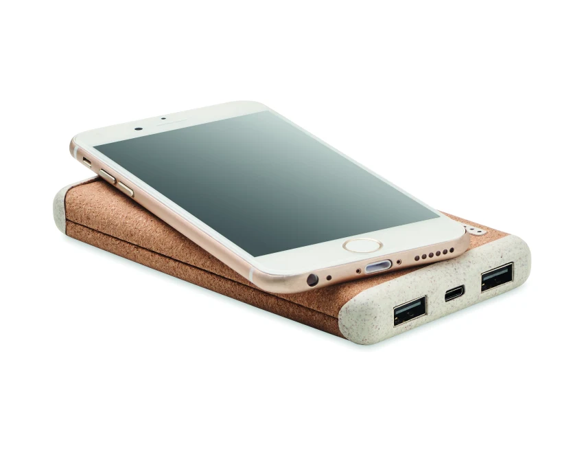 Powerbank bezprzewodowy 10000 mAh z korka z logo, beżowy