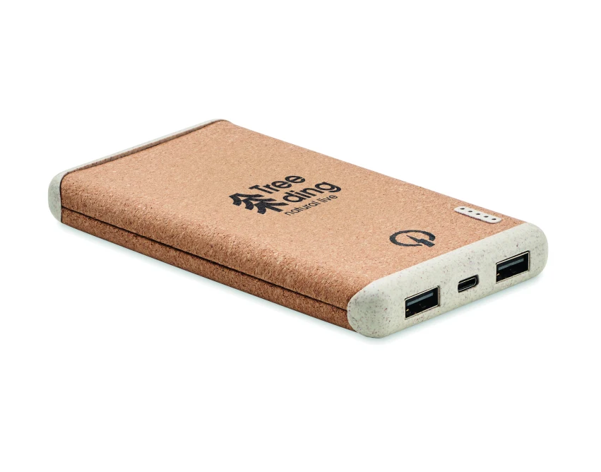Powerbank bezprzewodowy 10000 mAh z korka z logo, beżowy