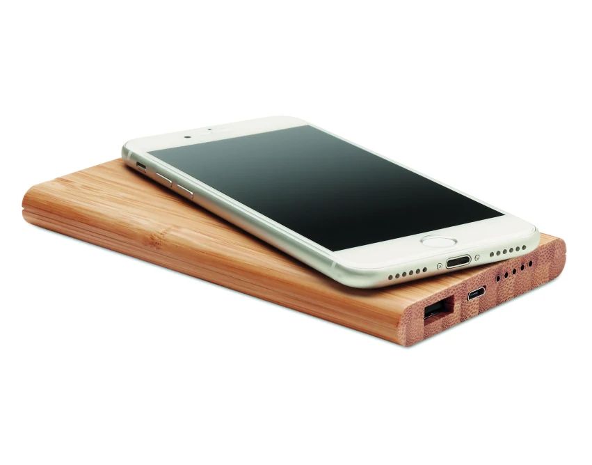 Powerbank bambusowy 6000 mAh z logo – ładowanie bezprzewodowe