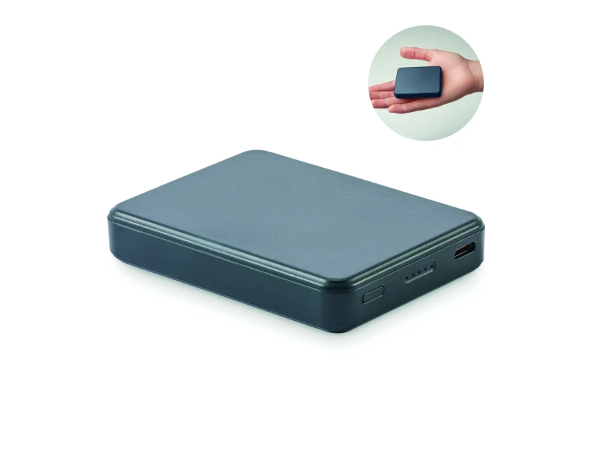 Granatowy power bank 5000 mAh z logo PD 20W, recykling ABS