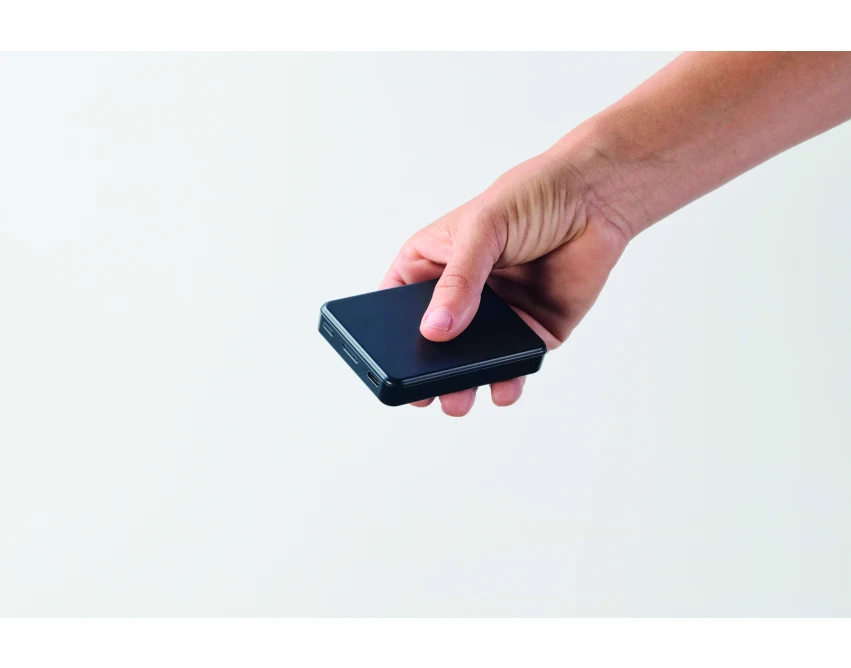 Granatowy power bank 5000 mAh z logo PD 20W, recykling ABS