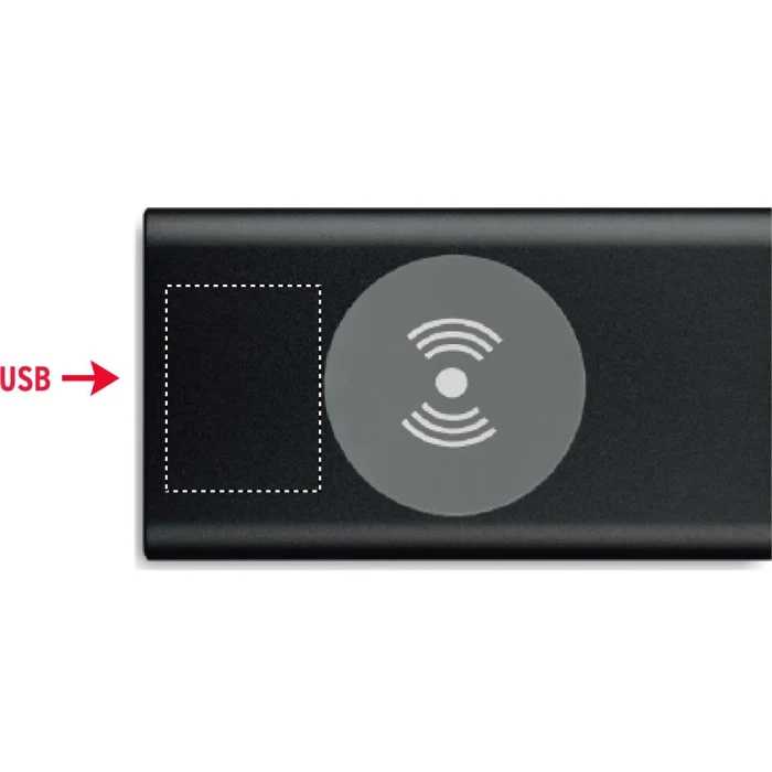 Schemat znakowania dla Tampondruk - P5 na gadżecie: Powerbank bezprzewodowy 4000mAh czarny z logo firmy