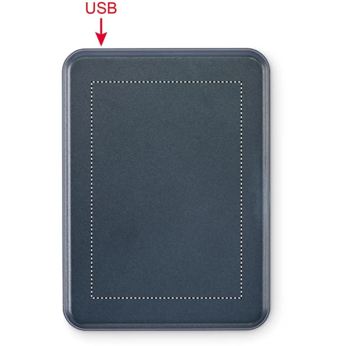 Schemat znakowania dla Tampondruk - P5 na gadżecie: Granatowy power bank 5000 mAh z logo PD 20W, recykling ABS