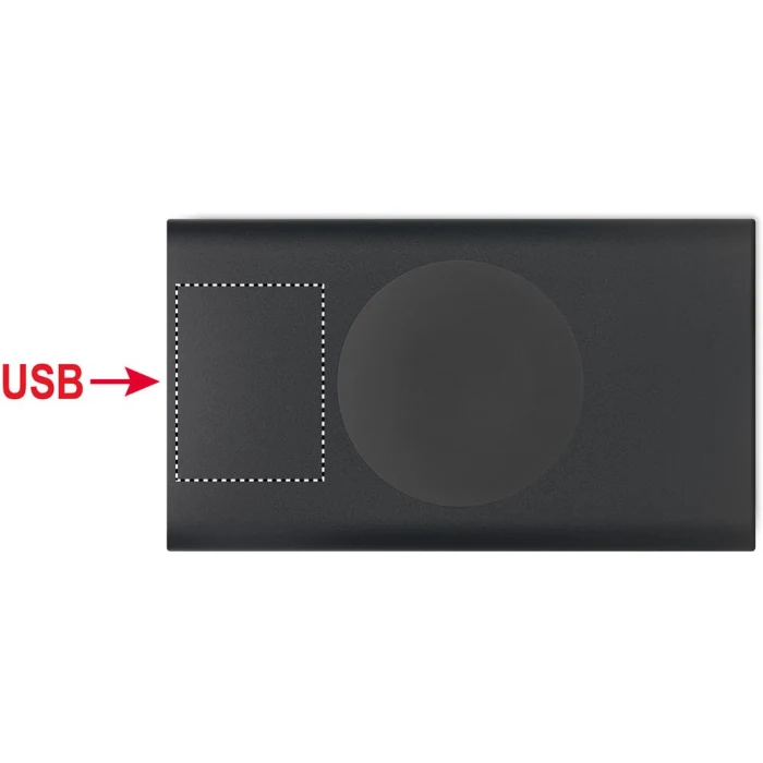 Schemat znakowania dla Tampondruk - P5 na gadżecie: Czarny powerbank bezprzewodowy 15W 5000mAh z logo aluminium