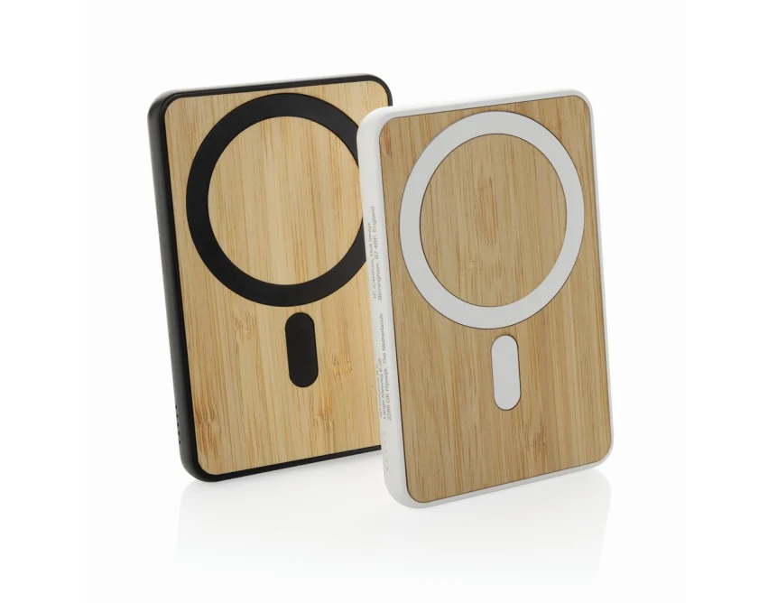 Biały bambusowy magnetyczny powerbank 5000mAh z logo