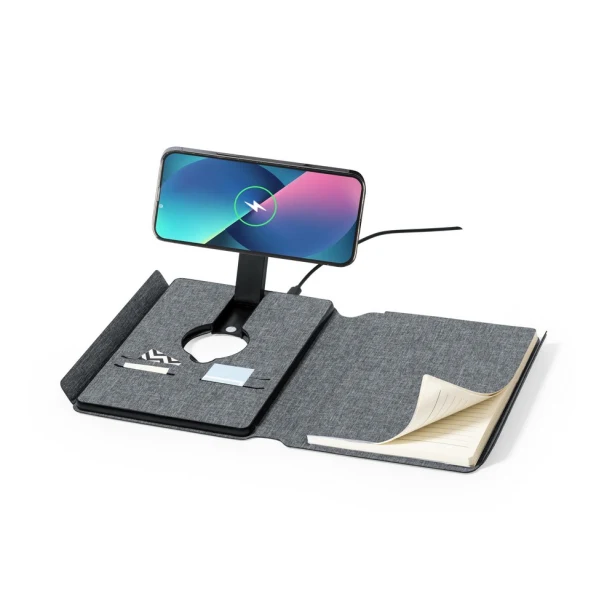 Szary notatnik RPET A5 z powerbankiem 5000 mAh i ładowarką 10W