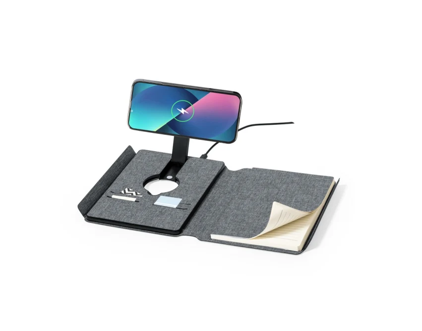 Szary notatnik RPET A5 z powerbankiem 5000 mAh i ładowarką 10W