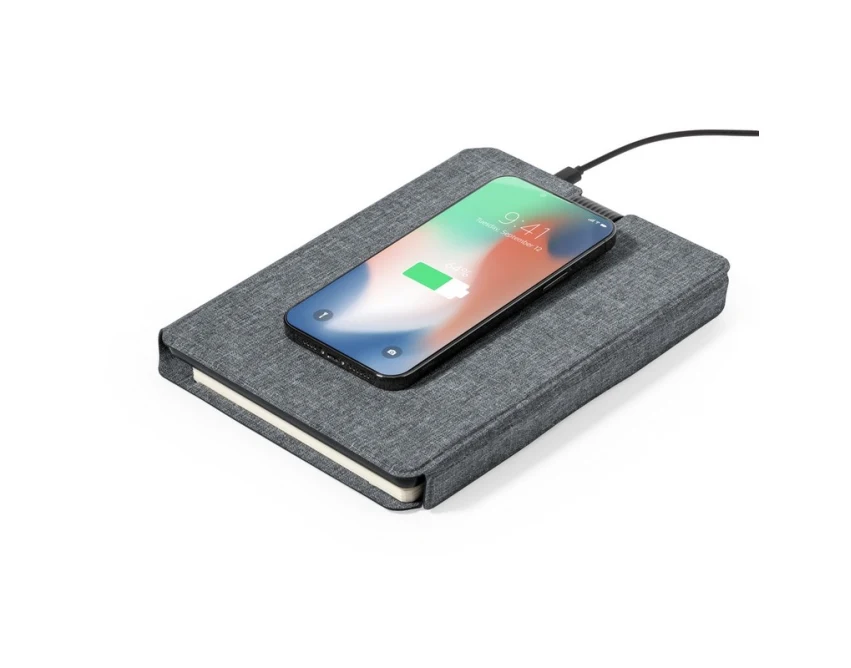 Szary notatnik RPET A5 z powerbankiem 5000 mAh i ładowarką 10W