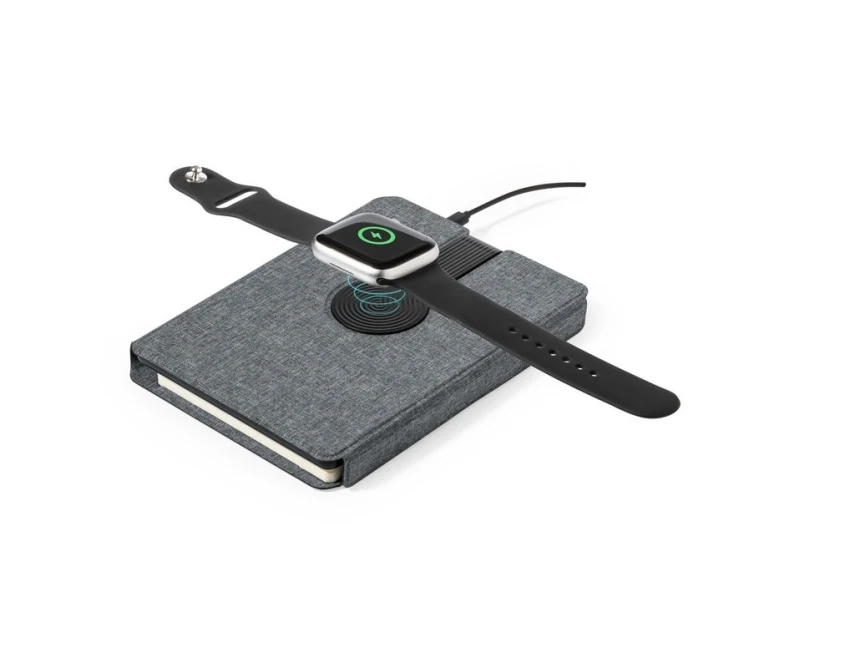 Szary notatnik RPET A5 z powerbankiem 5000 mAh i ładowarką 10W