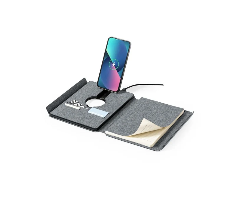 Szary notatnik RPET A5 z powerbankiem 5000 mAh i ładowarką 10W