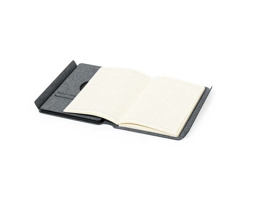 Szary notatnik RPET A5 z powerbankiem 5000 mAh i ładowarką 10W
