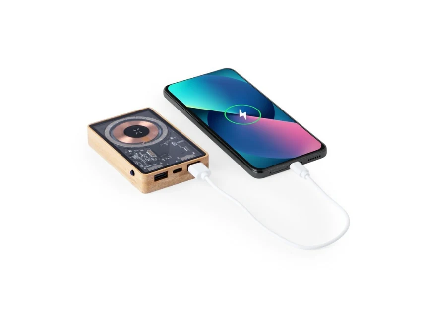 Bambusowy magnetyczny powerbank 5000mAh z logo 15W