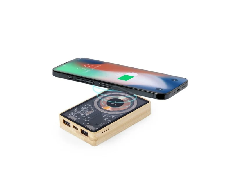 Bambusowy magnetyczny powerbank 5000mAh z logo 15W