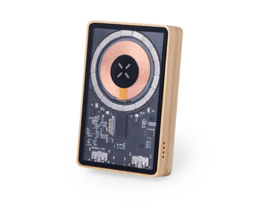 Bambusowy magnetyczny powerbank 5000mAh z logo 15W