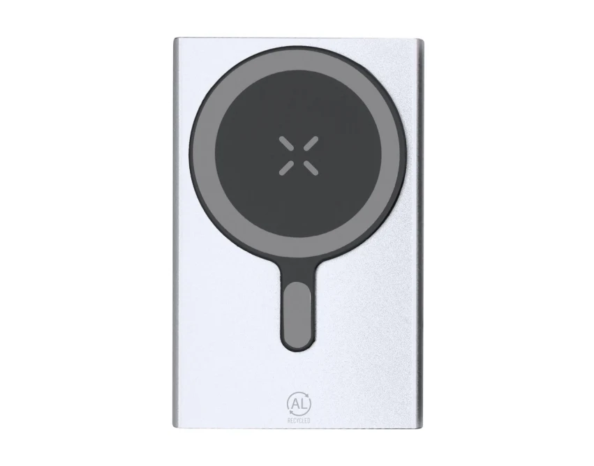 Srebrny magnetyczny power bank 5000 mAh z recyklingu z logo