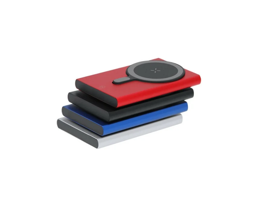 Srebrny magnetyczny power bank 5000 mAh z recyklingu z logo