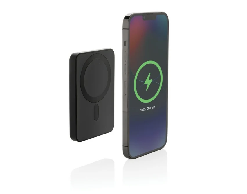 Czarny magnetyczny power bank 5000 mAh z logo firmy