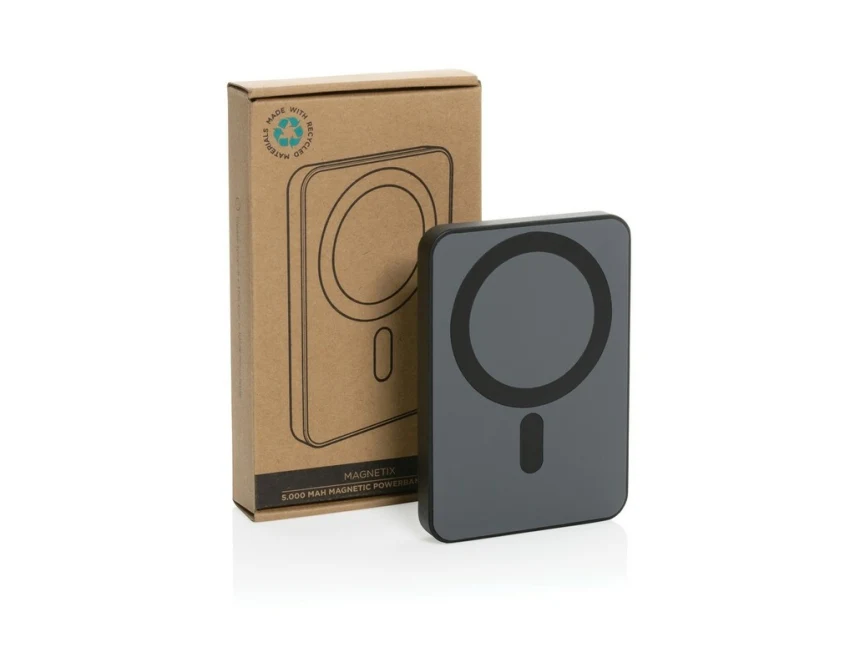 Czarny magnetyczny power bank 5000 mAh z logo firmy
