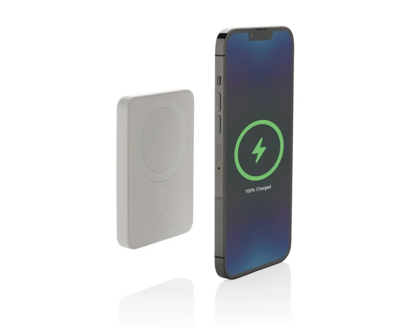 Biały magnetyczny powerbank 5000 mAh z logo – Magnetix RABS