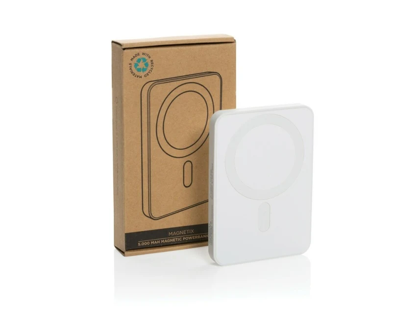 Biały magnetyczny powerbank 5000 mAh z logo – Magnetix RABS