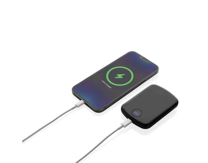 Czarny magnetyczny power bank 5000 mAh MagBoost z logo